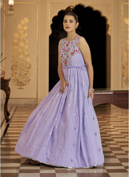 Light Purple Georgette Sequins, Embroidery & Thread-Work Festive-Wear Floor-Length Gown