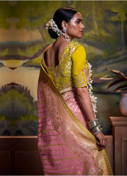 Pink Silk Jacquard Embroidered Party-Wear Saree