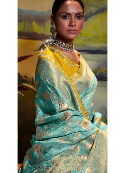 Aqua Silk Jacquard Embroidered Party-Wear Saree