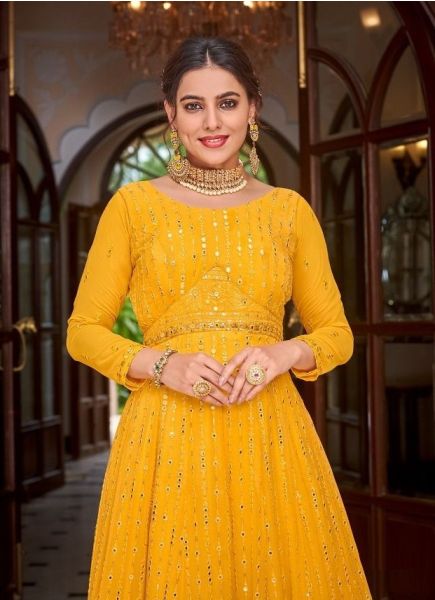 Yellow Georgette Chinon Embroidery & Mirror-Work Party-Wear Readymade Floor-Length Gown