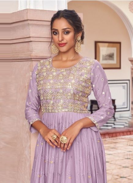 Lilac Georgette Chinon Embroidery & Mirror-Work Party-Wear Readymade Floor-Length Gown