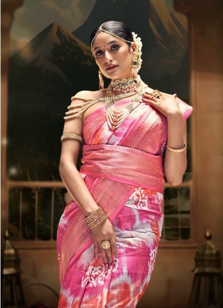Pink & White Cotton Digitally Printed Vibrant Saree For Kitty Parties