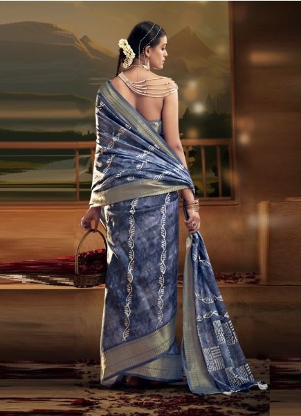 Blue Cotton Digitally Printed Vibrant Saree For Kitty Parties