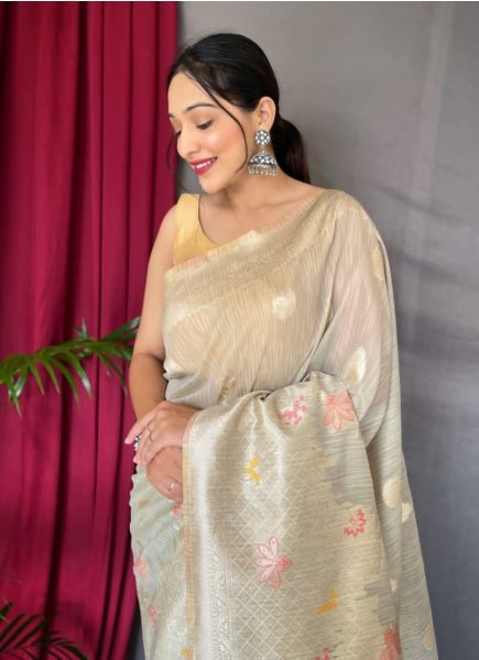 Light Gray Linen Silk Weaving Festive-Wear Handloom Saree