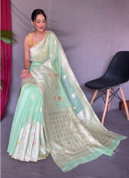 Light Mint Green Linen Silk Weaving Festive-Wear Handloom Saree