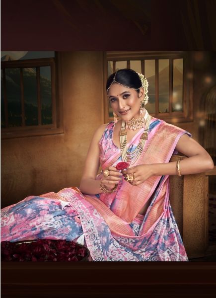 Light Pink & Steel Blue Cotton Digitally Printed Vibrant Saree For Kitty Parties