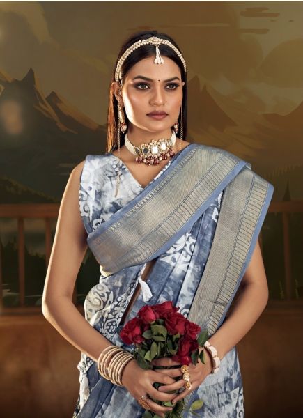 Steel Blue Cotton Digitally Printed Vibrant Saree For Kitty Parties