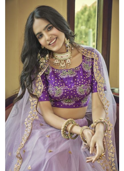 Light Lilac Net Sequins, Embroidery & Thread-Work Party-Wear Stylish Lehenga Choli