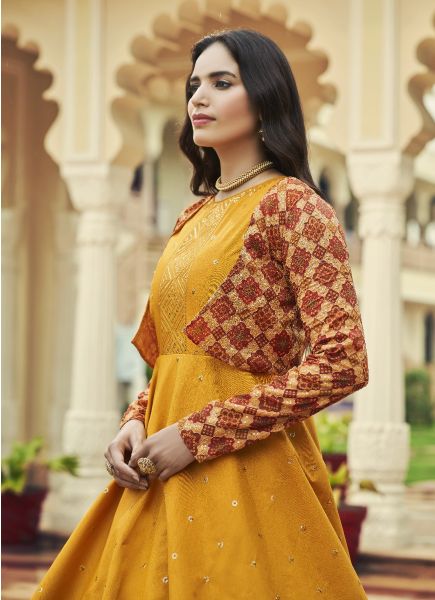Mustard Yellow Cotton Printed & Embroidered Party-Wear Gown With Jacket