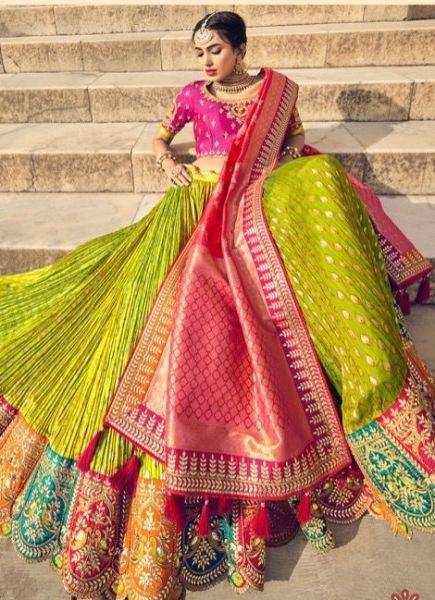 Lemon Green Silk Handwork Wedding-Wear Bridal Lehenga Choli