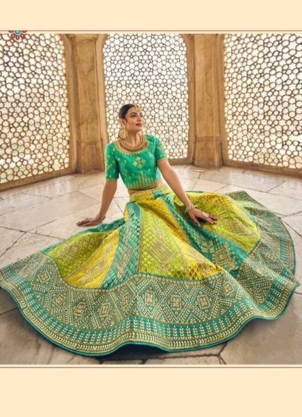 Yellow & Aqua Silk Handwork Wedding-Wear Bridal Lehenga Choli