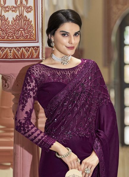 Purple Silk Embroidered Party-Wear Boutique Saree