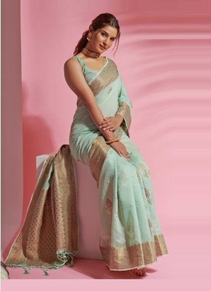 Powder Blue Cotton Silk Weaving Festive-Wear Saree
