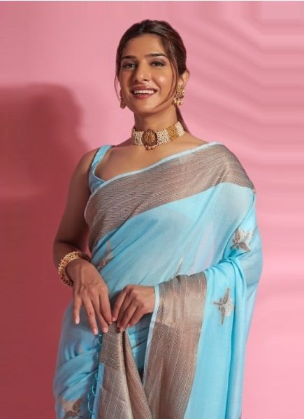 Light Blue Cotton Silk Weaving Festive-Wear Saree