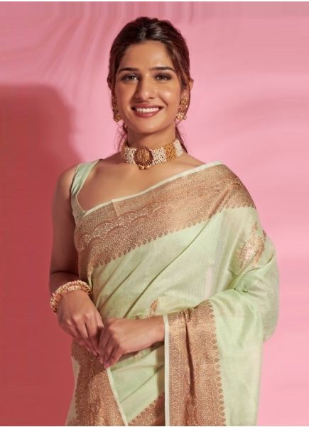 Light Green Cotton Silk Weaving Festive-Wear Saree