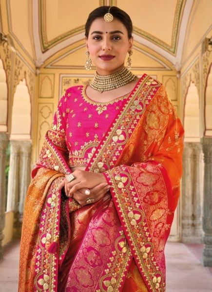Deep Pink Viscose Handwork Wedding-Wear Silk Embroidery Saree