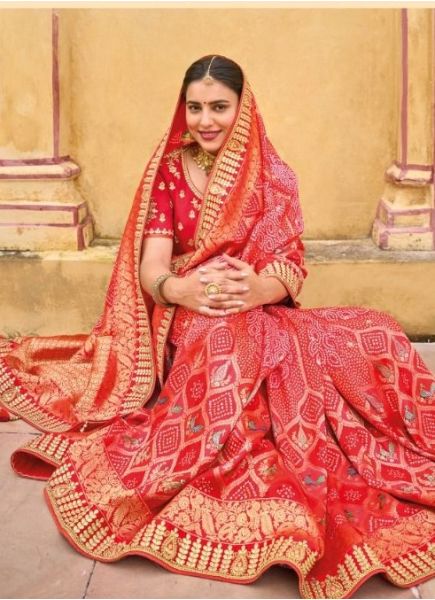 Red Viscose Handwork Wedding-Wear Silk Embroidery Saree