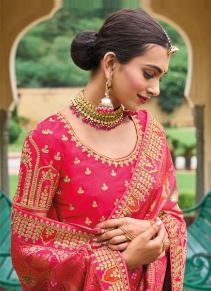 Dark Pink Viscose Handwork Wedding-Wear Silk Embroidery Saree