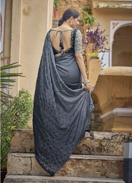 Gray Chinon Thread Embroidery Work Party-Wear Sequins-Work Saree