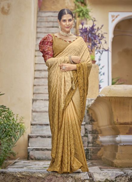 Light Mustard Yellow Chinon Thread Embroidery Work Party-Wear Sequins-Work Saree