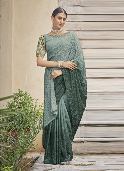 Sage Blue Chinon Thread Embroidery Work Party-Wear Sequins-Work Saree