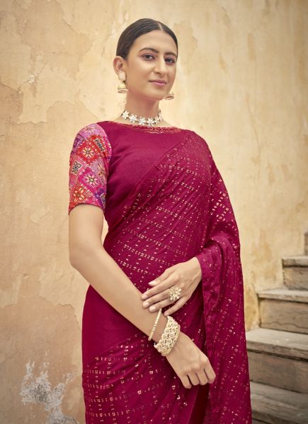 Wine Red Chinon Thread Embroidery Work Party-Wear Sequins-Work Saree