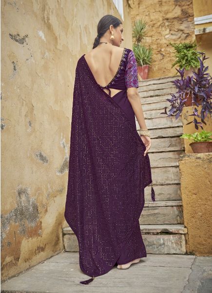 Dark Purple Chinon Thread Embroidery Work Party-Wear Sequins-Work Saree