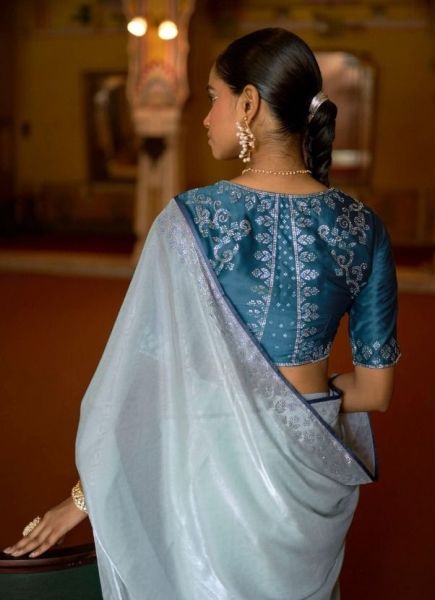 Light Blue Organza With Embroidery & Handwork Party-Wear Boutique Saree