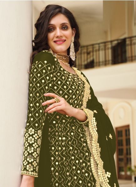 Olive Green Georgette Sequins & Embroidery Work Festive-Wear Front-Slit Salwar Kameez