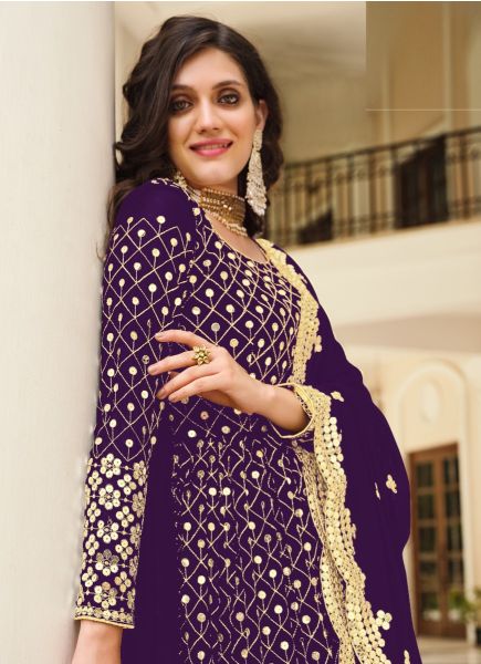 Dark Violet Georgette Sequins & Embroidery Work Festive-Wear Front-Slit Salwar Kameez
