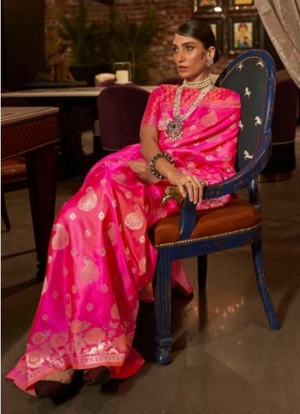 Deep Pink Silk Weaving Party-Wear Handloom Saree