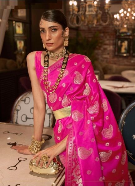 Deep Pink Silk Weaving Party-Wear Handloom Saree