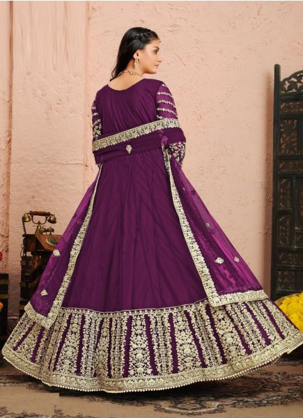 Purple Net Embroidered Party-Wear Floor-Length Salwar Kameez