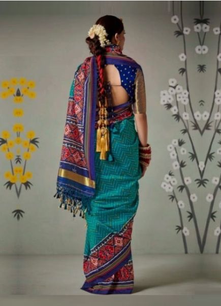 Teal Blue Patola Silk Printed Festive-Wear Saree