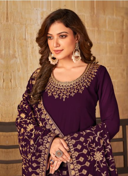 Purple Faux Georgette Embroidered Party-Wear Floor-Length Salwar Kameez
