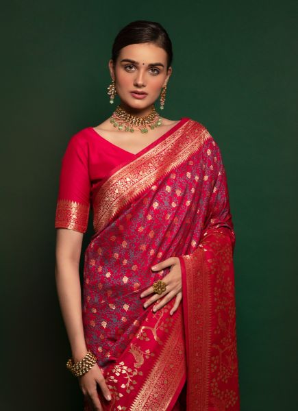 Crimson Red Silk Thread Weaving Festive-Wear Zari Silk Saree