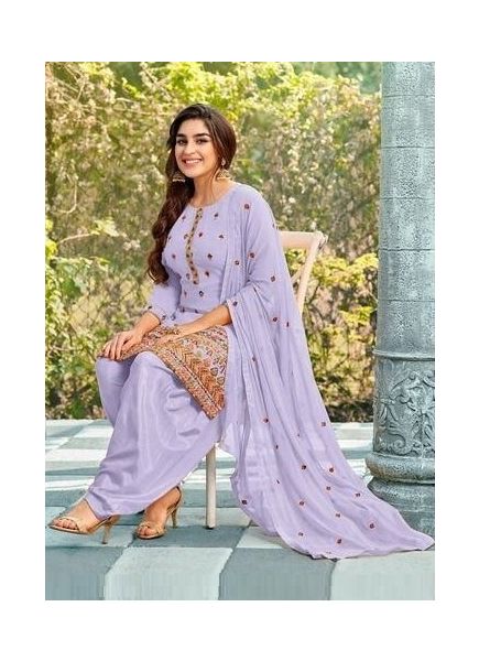 Light Purple Faux Georgette Embroidered Festive-Wear Patiala Salwar Kameez