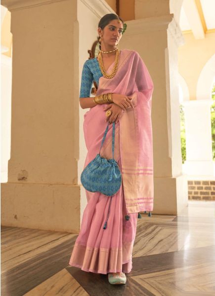 Pink Organza Weaving Festive-Wear Soft Silk Saree