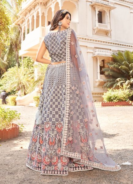 Gray Net With Multi Chain Stitch, Zarkan Embroidered Wedding-Wear Readymade Stylish Lehenga Choli (With Can-Can)