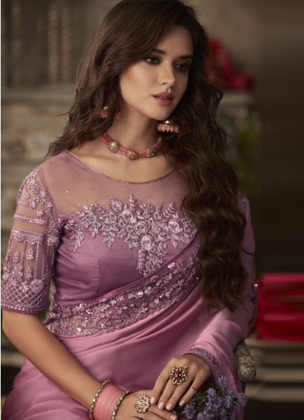 Pink Silk Embroidered Party-wear Boutique Saree