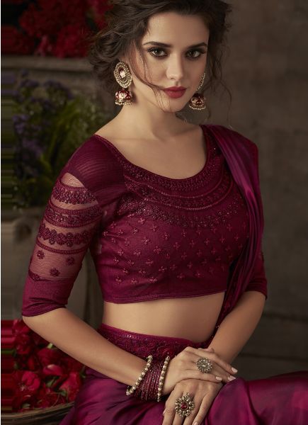 Wine Silk Embroidered Party-wear Boutique Saree