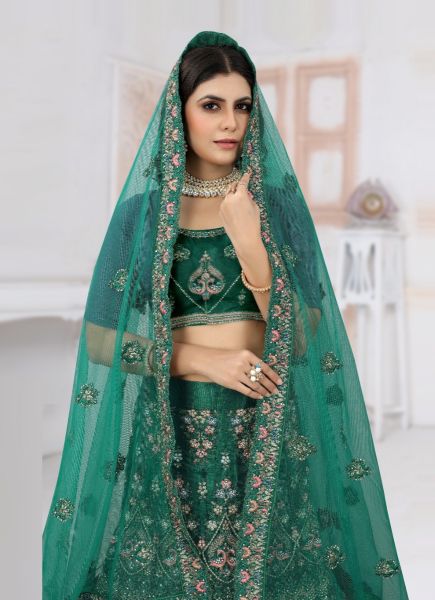 Teal Green Net Embroidery With Zarkan-Work Wedding-Wear Bridal Lehenga Choli
