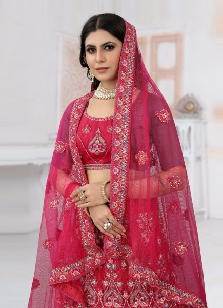 Dark Pink Net Embroidery With Zarkan-Work Wedding-Wear Bridal Lehenga Choli