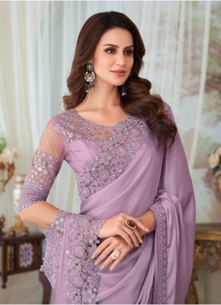 Lilac Silk Embroidered Party-Wear Boutique Saree