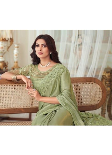 Light Sage Green Silk Embroidered Party-Wear Boutique Saree