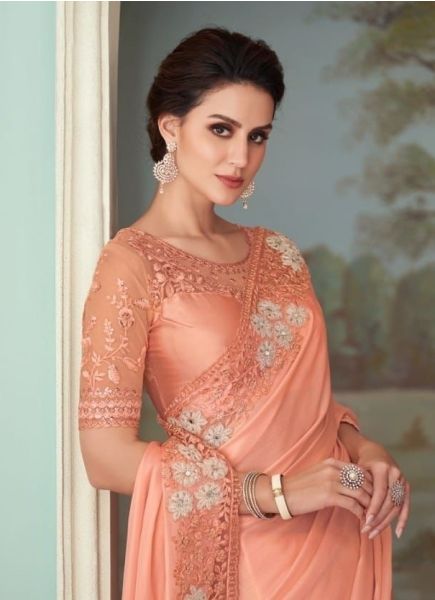 Light Salmon Silk Embroidered Party-Wear Boutique Saree