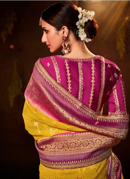 Yellow Bandhej Print Wedding-Wear Silk Embroidery Saree
