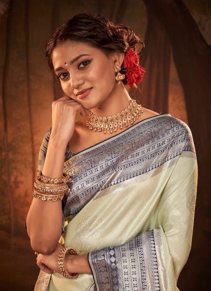 Light Pista Green & Blue Weaving Party-Wear Kanjivaram Silk Saree