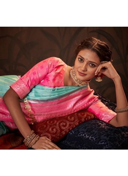 Powder Blue & Hot Pink Weaving Party-Wear Kanjivaram Silk Saree