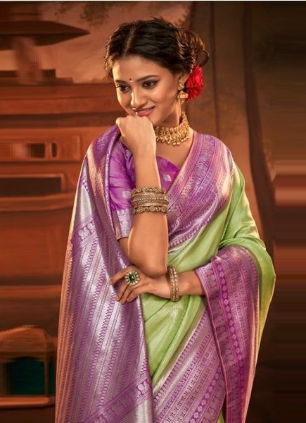Light Green & Purple Weaving Party-Wear Kanjivaram Silk Saree